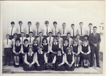 front l-r: Julie Evans, Denise Burns, Athalie Harries, Carol Surman
2nd l-r: Sharron Eyre, Elizabeth Sheddon, Julie Barker, Ruth Sayers, Narelle Pearson, Janice Williams, Gayle Silcock, Janice Drinan
3rd l-r: Brian Cox, ??, Paul Cooper, David Moran, Bruce Smith, ??, ??, ??, Terry Hogarth, Allan Colhurn, Mr Slaven
back l-r: Kerry Hoffman, Jeff Calderbank, Gary Hancock, Len Hamilton, Laurence Bottomly, Ken Cross, ??, Edward John, ??, Mick Bird(?)